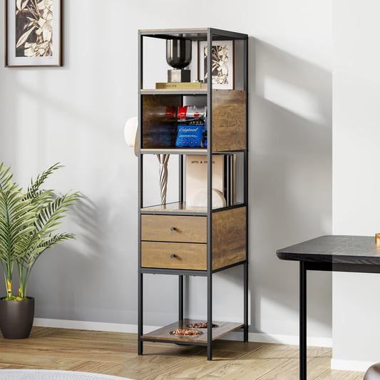 Superjoe Industrial Bookshelf, Standing Display Shelf with 2 Dog Bowls, Metal and Wood Bookshelf, Dog Feeder Station with Shelves, Brown