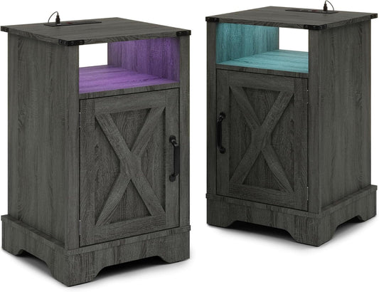 Superjoe LED Nightstand Set of 2 with Charging Station, Bedside Table with Storage Cabinet and Shelf, Rustic End Table, Farmhouse Wooden Side Table, for Bedroom, Living Room, Grey