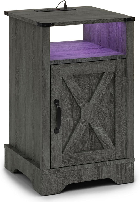 Superjoe LED Nightstand Set of 1 with Charging Station, Bedside Table with Storage Cabinet and Shelf, Rustic End Table, Farmhouse Wooden Side Table, for Bedroom, Living Room, Grey