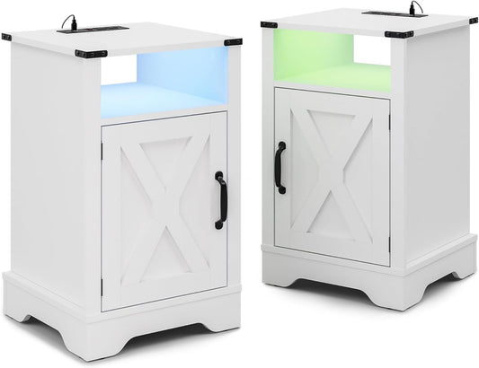 Superjoe LED Nightstand Set of 2 with Charging Station, Bedside Table with Storage Cabinet and Shelf, Rustic End Table, Farmhouse Wooden Side Table, for Bedroom, Living Room, White