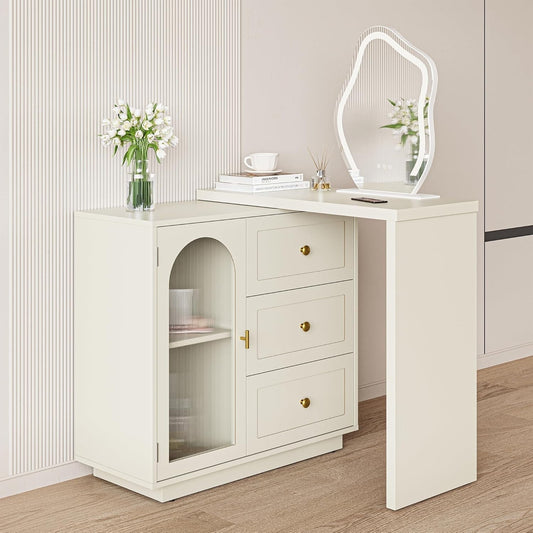 Superjoe Makeup Vanity Desk, Extendable Corner Vanity Makeup Table with 3 Drawers & 1 Door, Modern Dressing Table for Bedroom, Vanities for Women/Girls Bedroom (without Mirror)
