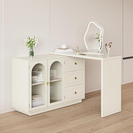 Superjoe Makeup Vanity Desk, Extendable Corner Vanity Makeup Table with 3 Drawers & 2 Door, Modern Dressing Table for Bedroom, Vanities for Women/Girls Bedroom (without Mirror)