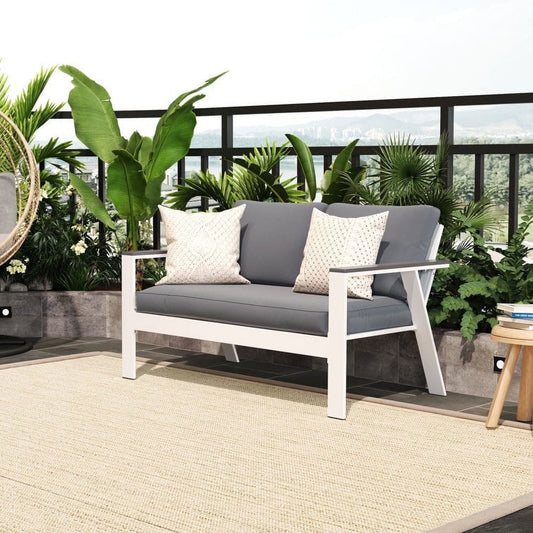 Superjoe Outdoor Aluminum Patio Loveseat Sofa Furniture, Metal All-Weather Modern Patio Sofa Loveseat with Wood Accent Armrest and Angled Backrest, White