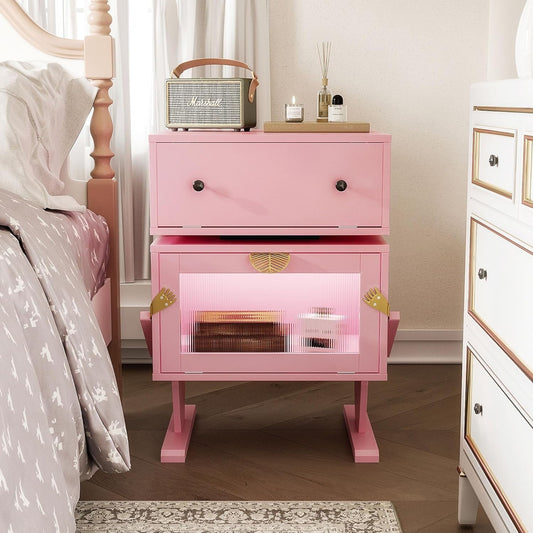 Superjoe Pink Nightstand with LED Light Strips 360° Rotating Drawer, Modern End Table with Glass Door Storage, Wood Bedside Table Cabinet for Living Room, Bedroom, Nursery