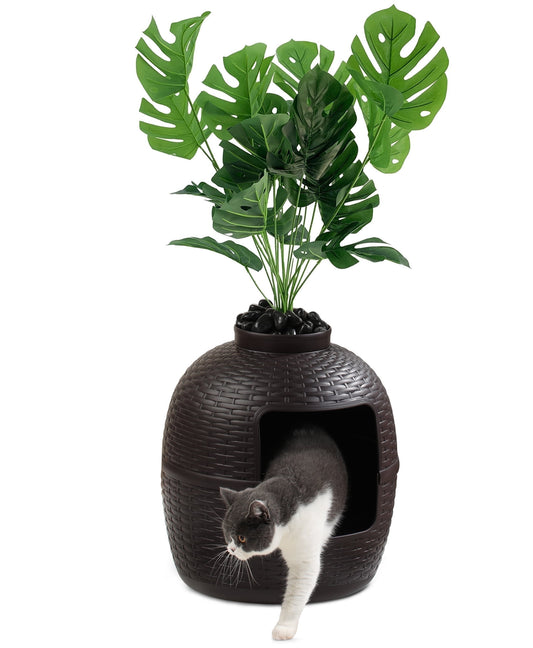 Superjoe Plastic Hidden Cat Litter Box with Carbon Filter & Real Stones, Brown