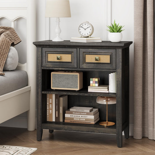 Superjoe Rattan Storage Cabinets, Accent Boho Storage Cabinet with 2 Drawers and 2 Shelves, Multipurpose Modern Storage Cabinet for Living Room, Entryway, Front Hall, Hallway, Coffee