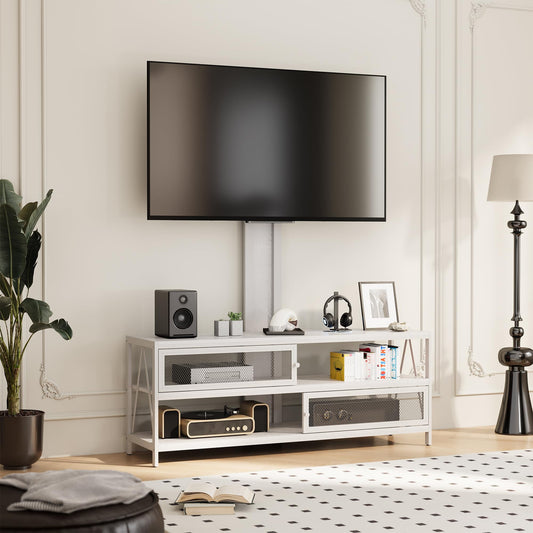 Superjoe TV Stand with Mount and LED Light, Swivel Entertainment Center for TVs 32-65 Inches, 3-Tier Gaming Media Console Tablefor Living Room, Bedroom, Office, White
