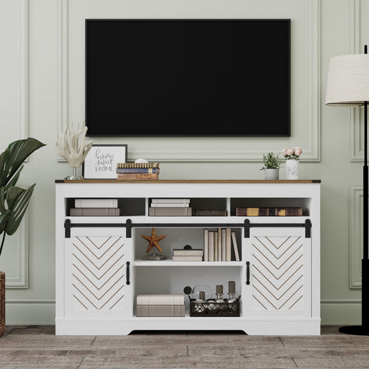 Superjoe TV Stand for TVs up to 70", 34" Tall Entertainment Center w/Sliding Doors, Modern Wood Media Console Storage Cabinet for Living Room Bedroom, Wood-Tone and White