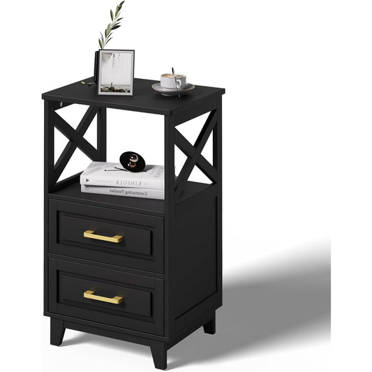 Superjoe Tall Nightstand Set of 1, Side Table with 2 Drawers and Open Shelf Top, Bedside Table with Solid Feet, Modern Night Stand End Table for Bedroom, Living Room, Home Office, Black