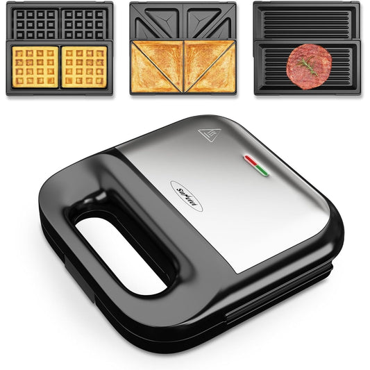 Superjoe Waffle Iron, Panini Press Grill and Sandwich Maker Set, 3 in 1 Electric Sandwich Press with Removable Non-Stick Plates, Indicator Lights & Cool Touch Handle 750W