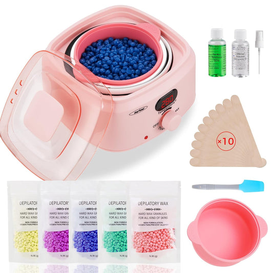 Superjoe Waxing Kit, Brazilian Wax Warmer for Hair Removal with 5 Bag Hard Wax Beads, Digital Display Wax Melt Warmer Kit for Women Men Full Body, Legs, Face, Bikini,Sensitive skin, Pink