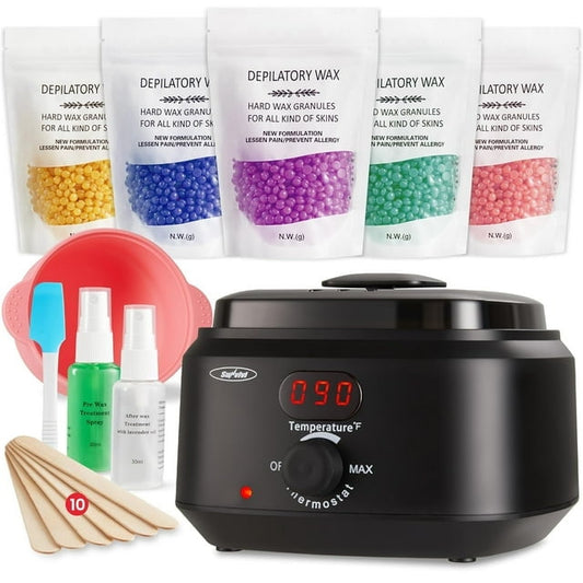 Superjoe Waxing Kit, Brazilian Wax Warmer for Hair Removal with 5 Bag Hard Wax Beads, Digital Display Wax Melt Warmer Kit for Women Men Full Body, Legs, Face, Bikini,Sensitive skin, Black