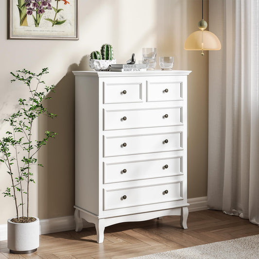 Superjoe White 6 Drawer Dresser, Rustic Tall Chest of Drawers, Modern Wood Dresser, Wooden Storage Closet Cabinet, Clothing Storage Organizer for Living Room, Bedroom, Hallway, Entryway