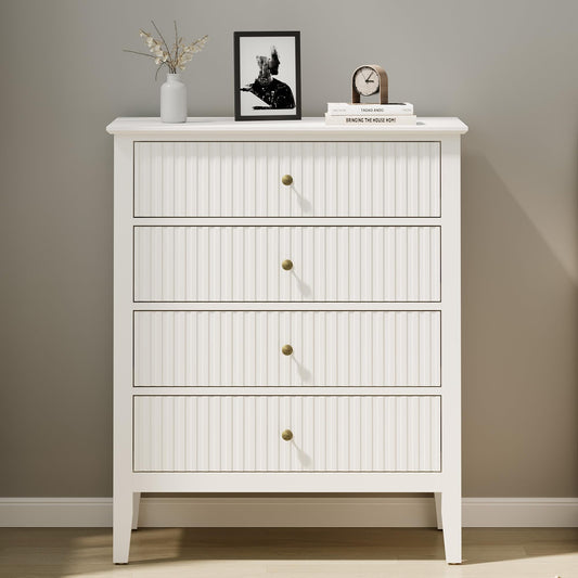 Superjoe White Fluted 4 Drawer Dresser for Bedroom, Modern Chest of Drawers, Wood Dresser for Storage Clothes, Wooden Storage Cabinet Nightstand for Bedroom, Hallway, Living Room, Entryway