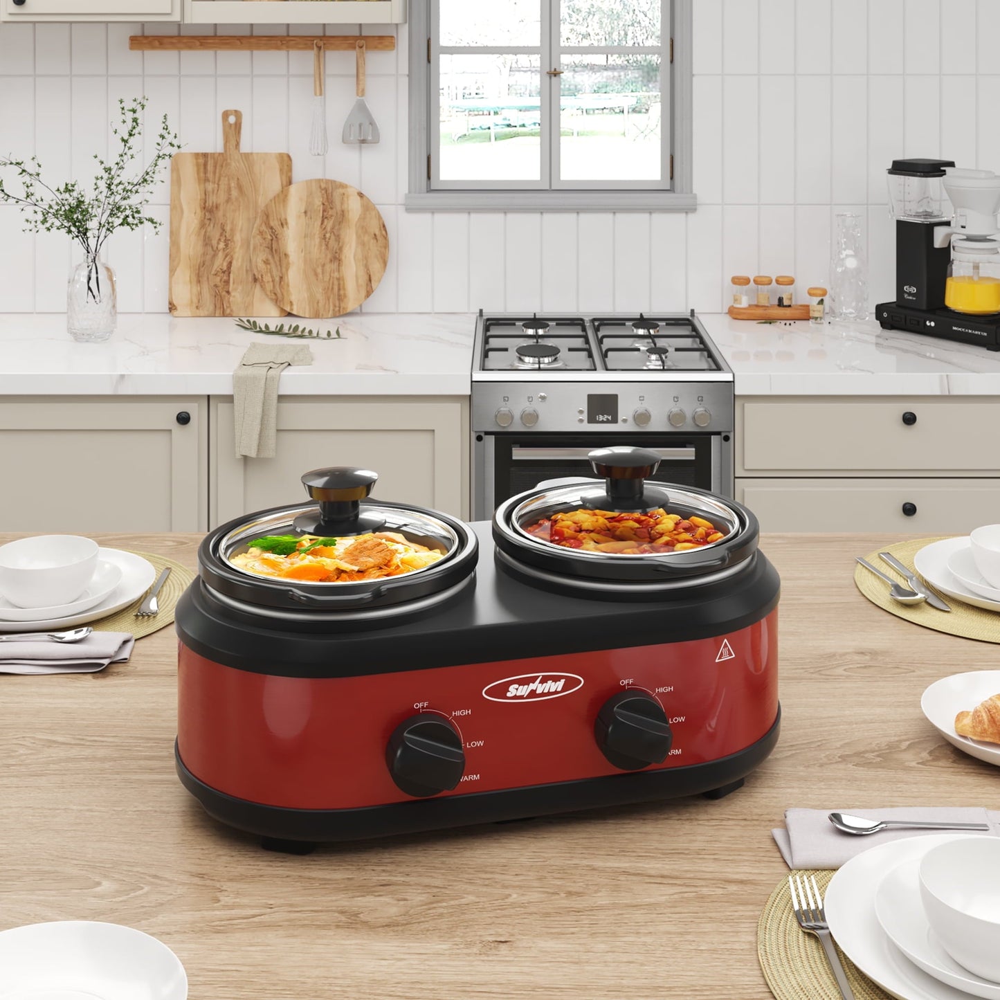 Triple Slow Cooker with 3 Spoons, 3 Pot 1.5 Quart Oval Crock Food Warmer Buffet Server, Stainless Steel