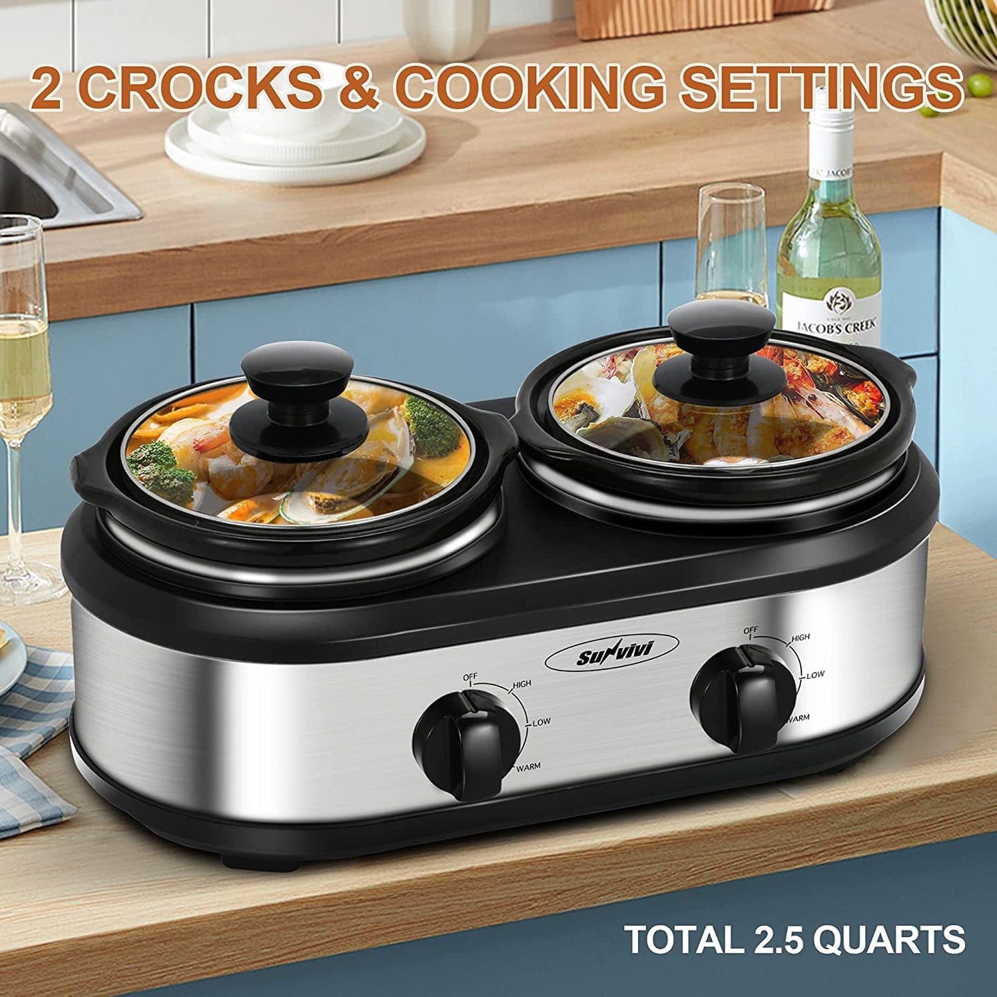 Triple Slow Cooker with 3 Spoons, 3 Pot 1.5 Quart Oval Crock Food Warmer Buffet Server, Stainless Steel