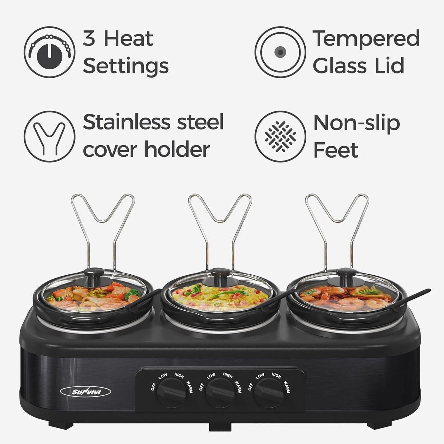 Triple Slow Cooker with 3 Spoons, 3 Pot 1.5 Quart Oval Crock Food Warmer Buffet Server, Stainless Steel