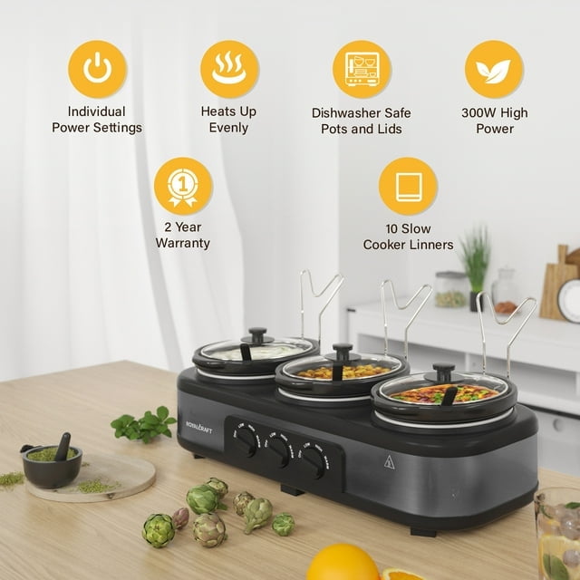 Triple Slow Cooker with 3 Spoons, 3 Pot 1.5 Quart Oval Crock Food Warmer Buffet Server, Stainless Steel