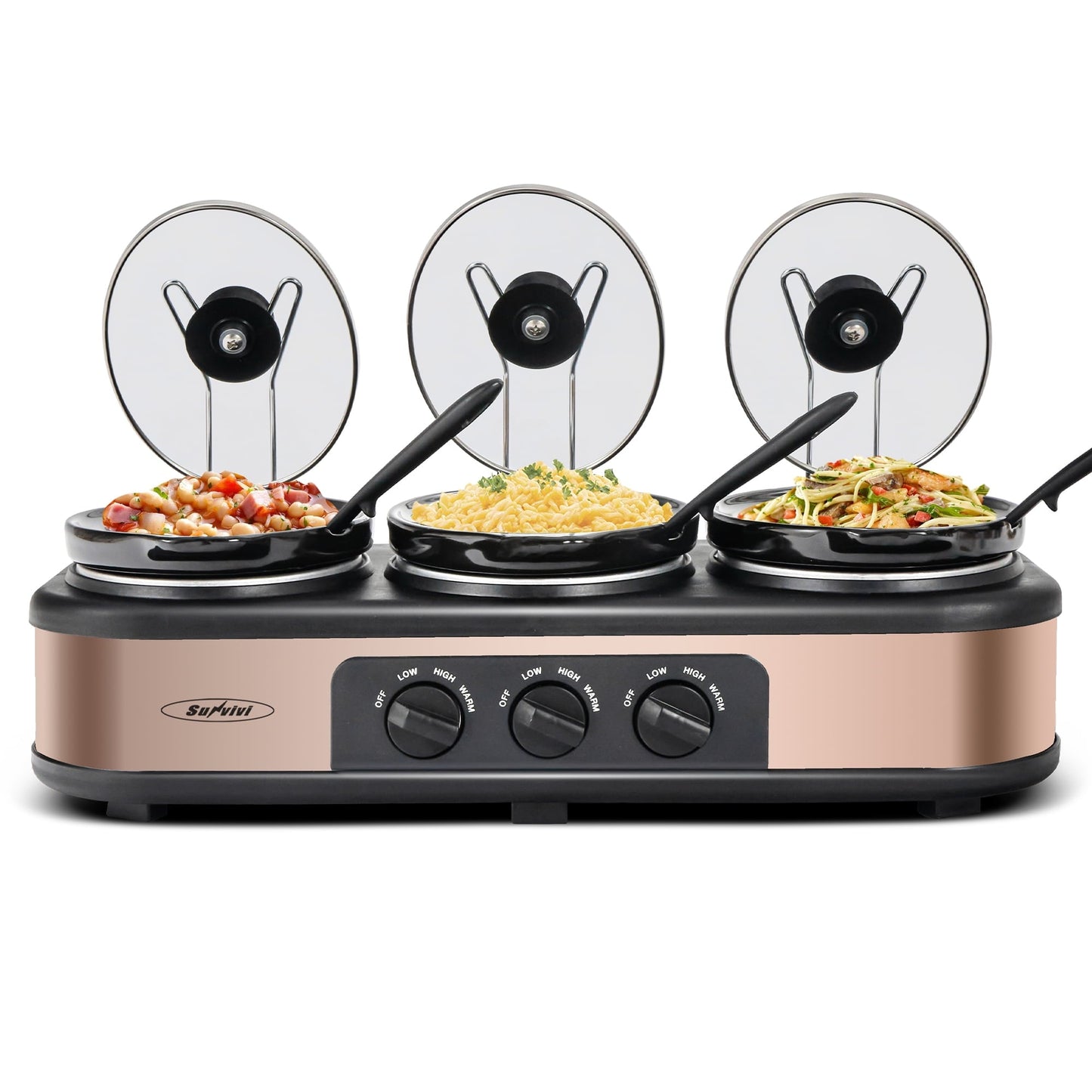 Triple Slow Cooker with 3 Spoons, 3 Pot 1.5 Quart Oval Crock Food Warmer Buffet Server, Stainless Steel