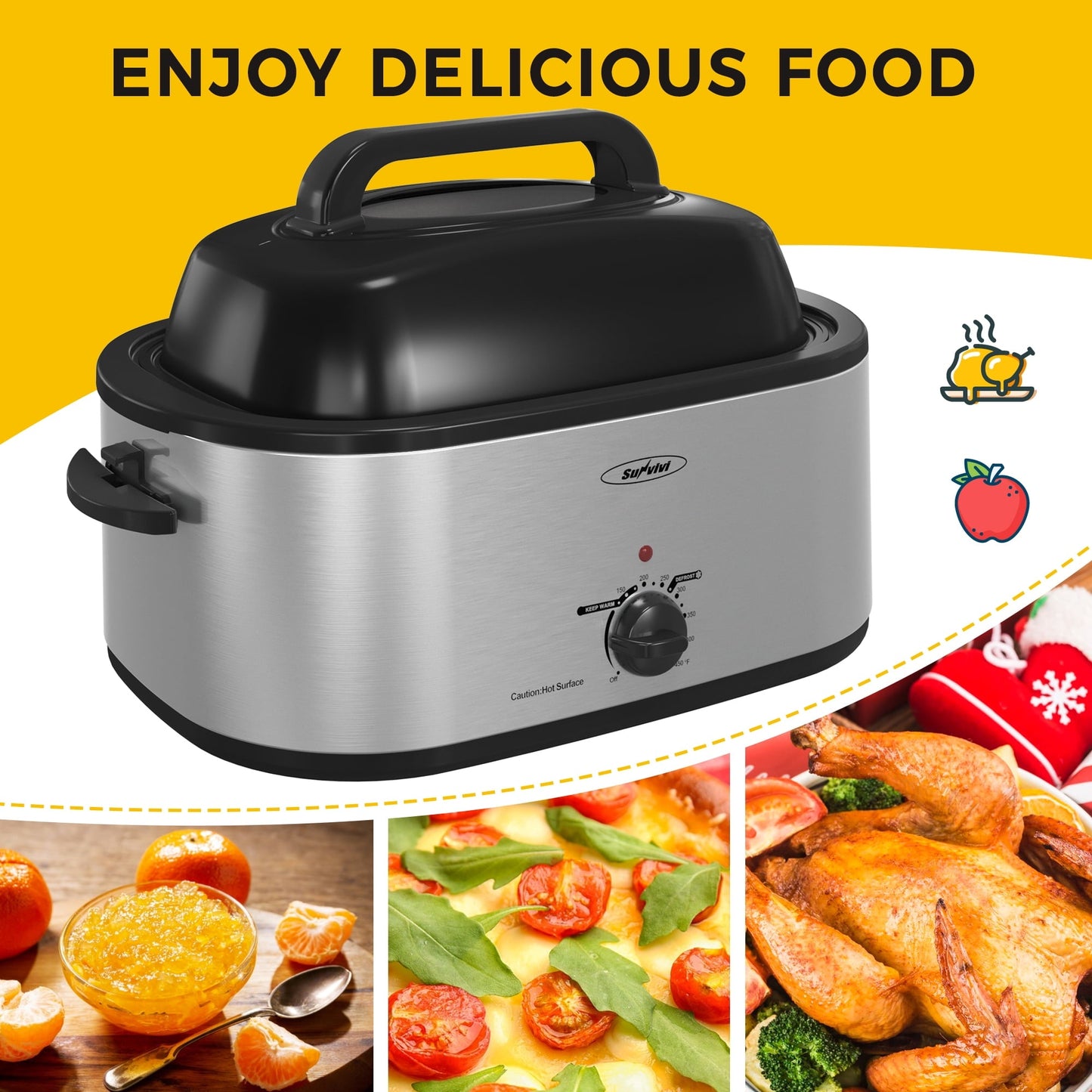 Sunvivi 22 Quart Electric Turkey Roaster Oven with Visible Glass Lid,Removable Pan & Rack, Stainless Steel,White