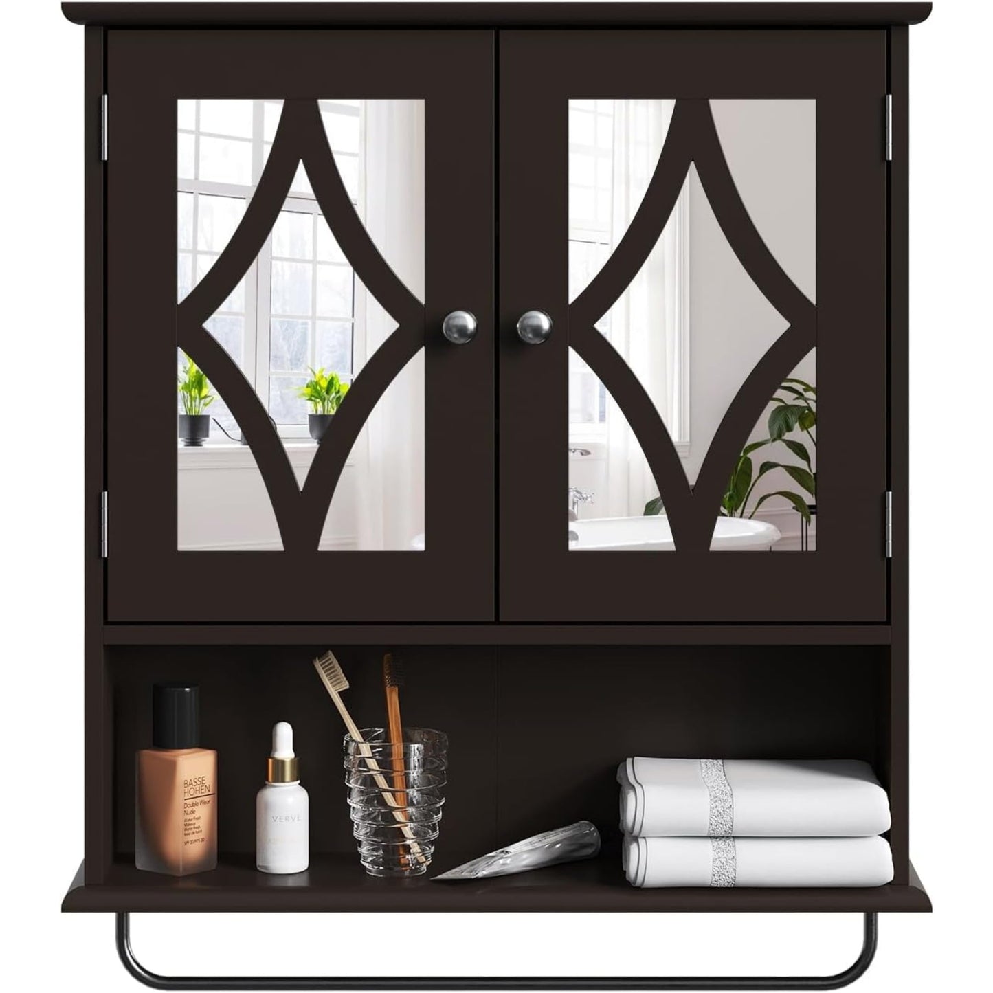 CozyHome Bathroom Medicine Cabinet with Mirror, Vanity Wall Mounted Storage Cabinet with Adjustable Shelves and Towel Bar, Hanging Wall Cabinet for Bathroom, Laundry, Living Room, Brown