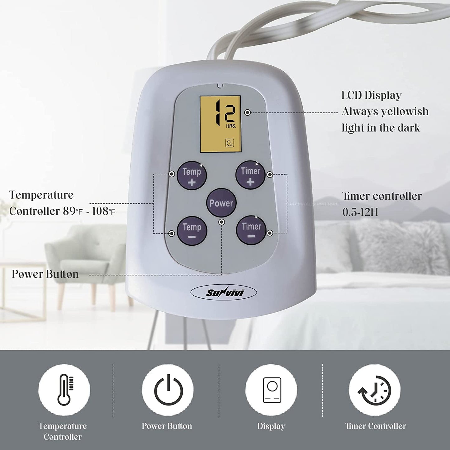 Superjoe Electric Blanket 90" x 84" Queen Size Heated Blanket, Dual Controllers 10 Heat Settings Auto-off Timer, Grey