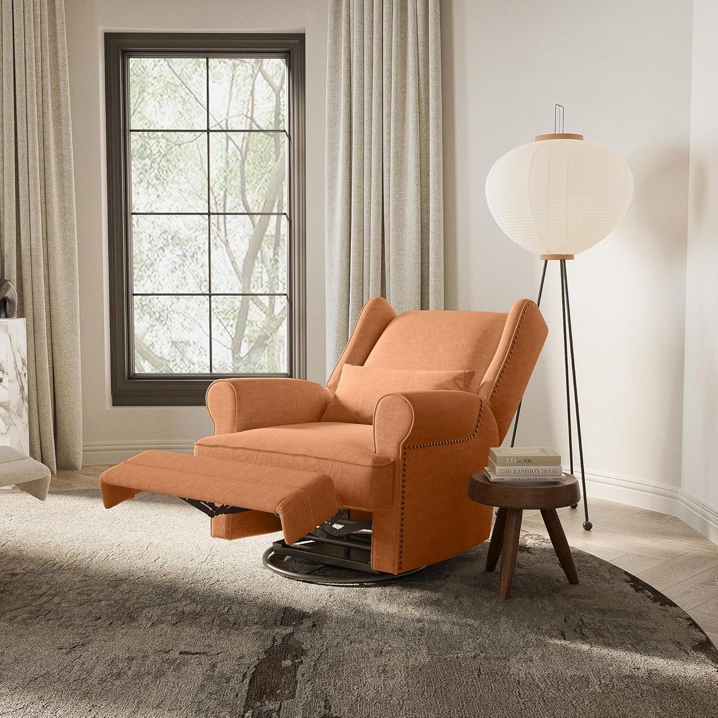 CozyHome Swivel Recliner Chair, Comfy Glider Rocking Chairs with Lumbar Pillow and Footrest, Upholstered Swivel Rocking Chair for Bedroom,Nursery, Orange