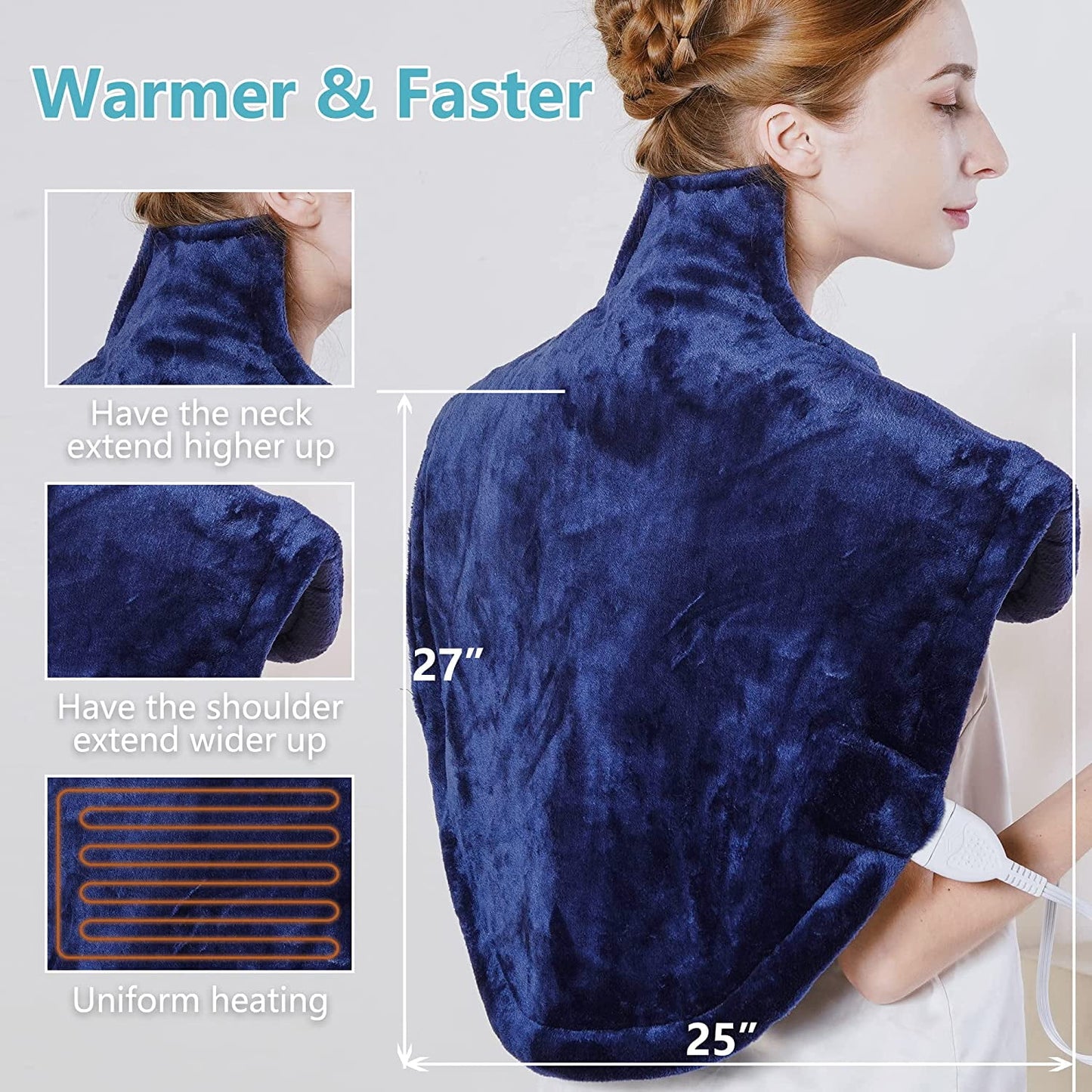 Superjoe Heating Pad for Neck and Shoulder Pain Relief, 27"x 25" Large Electric Heating Pad for Back Pain with Auto Off, 3 Temperature Settings, Soft Flannel,Blue