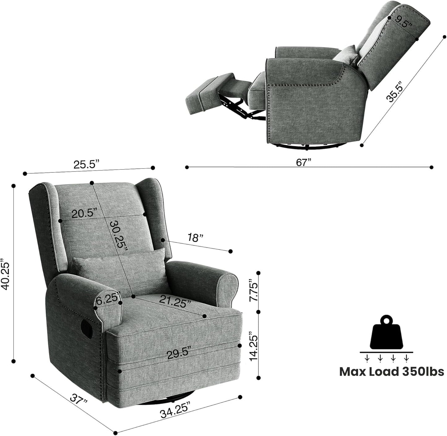 Superjoe Swivel Recliner Chair, Comfy Glider Rocking Chairs with Lumbar Pillow and Footrest, Upholstered Swivel Rocking Chair for Bedroom,Nursery, Dark Grey