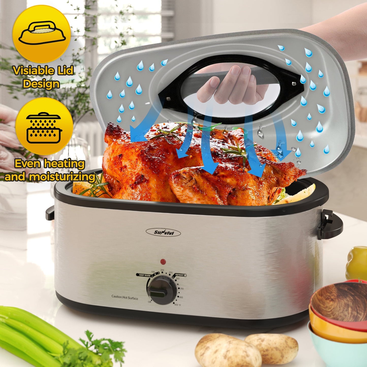 Sunvivi 22 Quart Electric Turkey Roaster Oven with Visible Glass Lid,Removable Pan & Rack, Stainless Steel,White