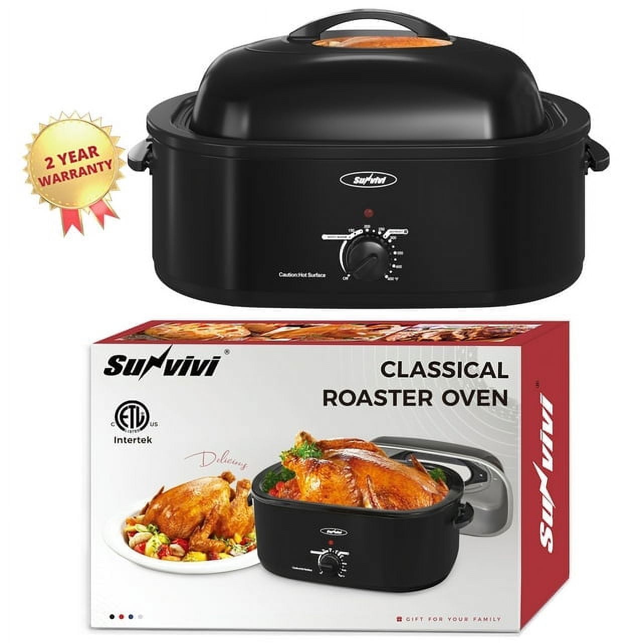 Sunvivi 22 Quart Electric Turkey Roaster Oven with Visible Glass Lid,Removable Pan & Rack, Stainless Steel,White