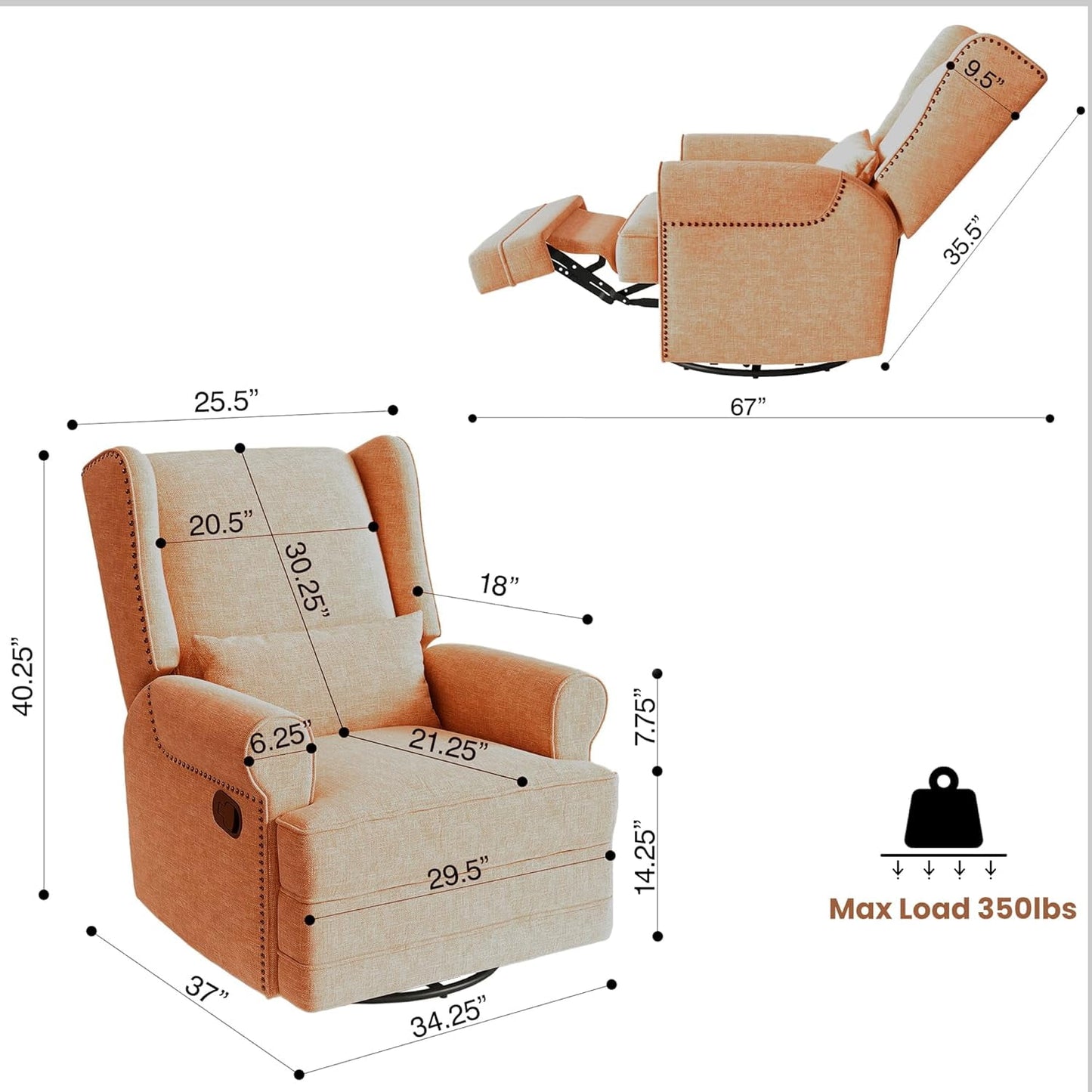 CozyHome Swivel Recliner Chair, Comfy Glider Rocking Chairs with Lumbar Pillow and Footrest, Upholstered Swivel Rocking Chair for Bedroom,Nursery, Orange