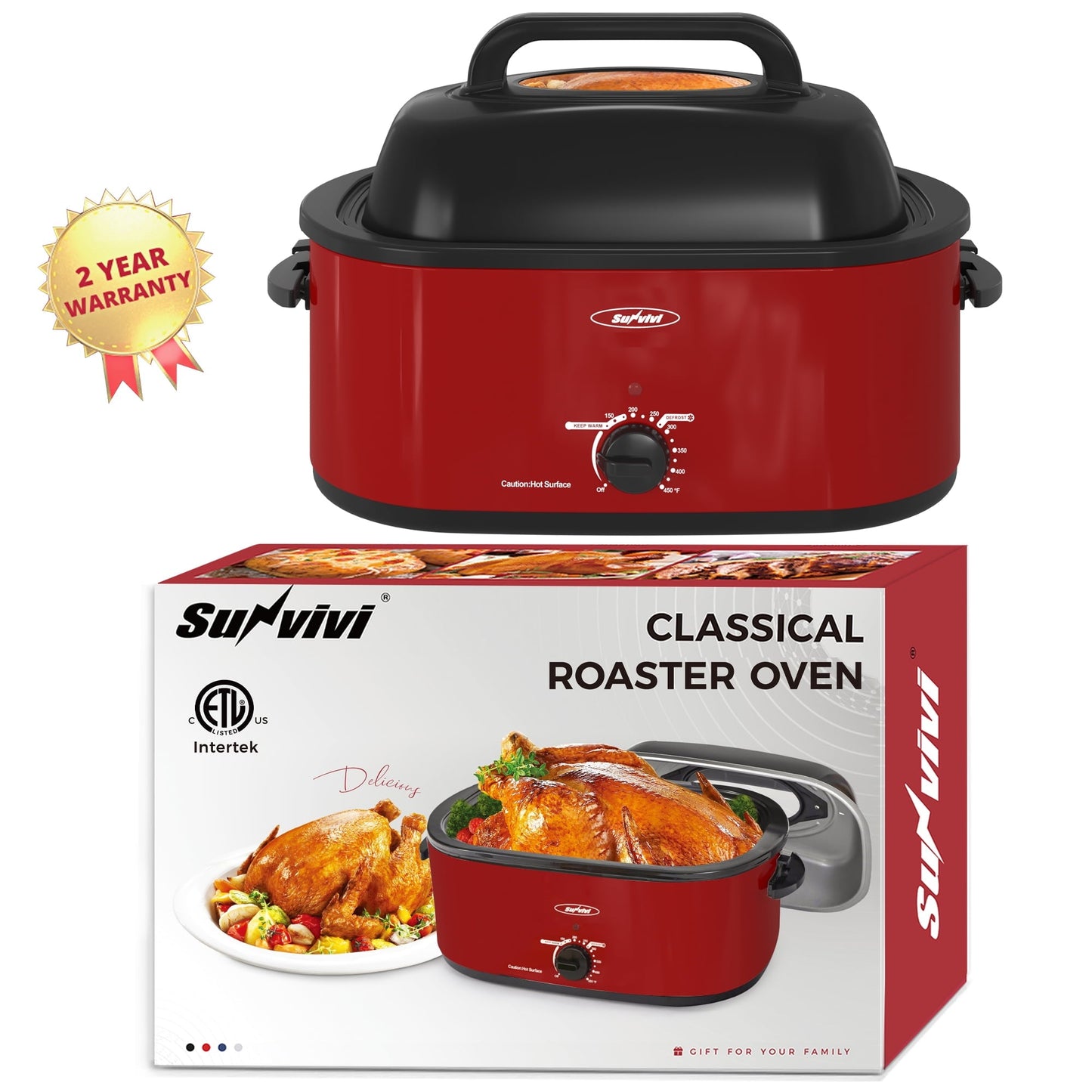 Sunvivi 22 Quart Electric Turkey Roaster Oven with Visible Glass Lid,Removable Pan & Rack, Stainless Steel,White