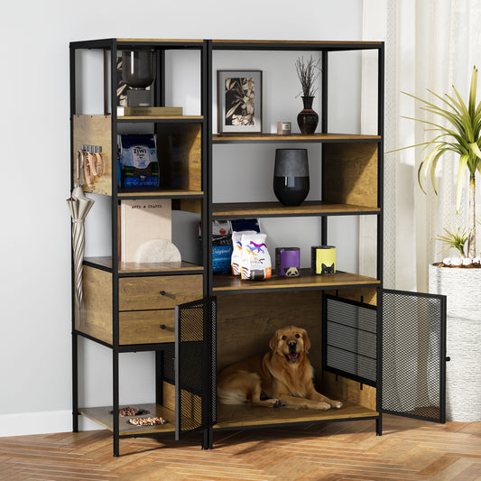 Dog Crate Furniture with Display Shelf, Decorative Dog Crate with Dog Bowl, Cat Litter Box Furniture Industrial Bookshelf, Furniture Style Dog Crate for Medium Dog, Brown