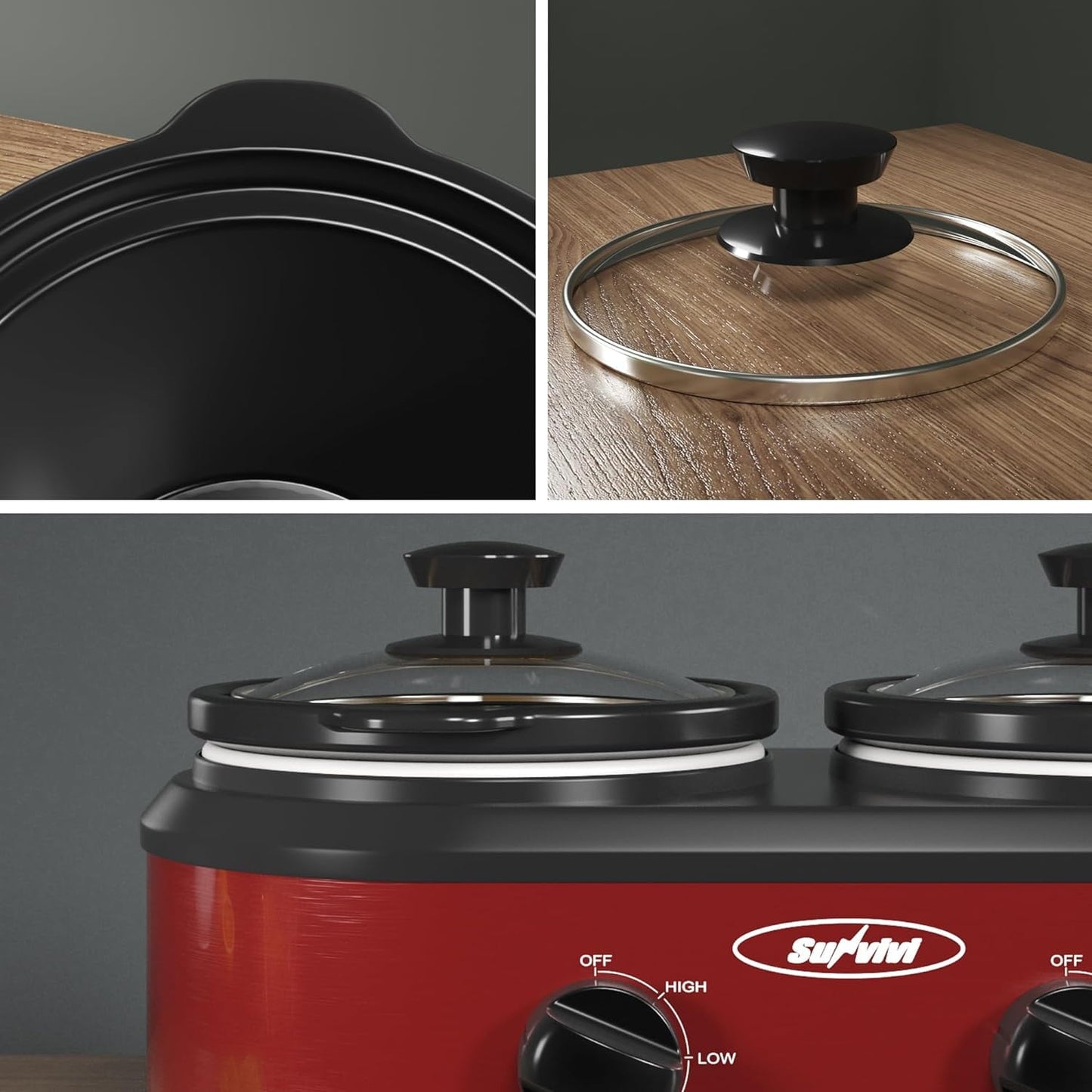 Triple Slow Cooker with 3 Spoons, 3 Pot 1.5 Quart Oval Crock Food Warmer Buffet Server, Stainless Steel