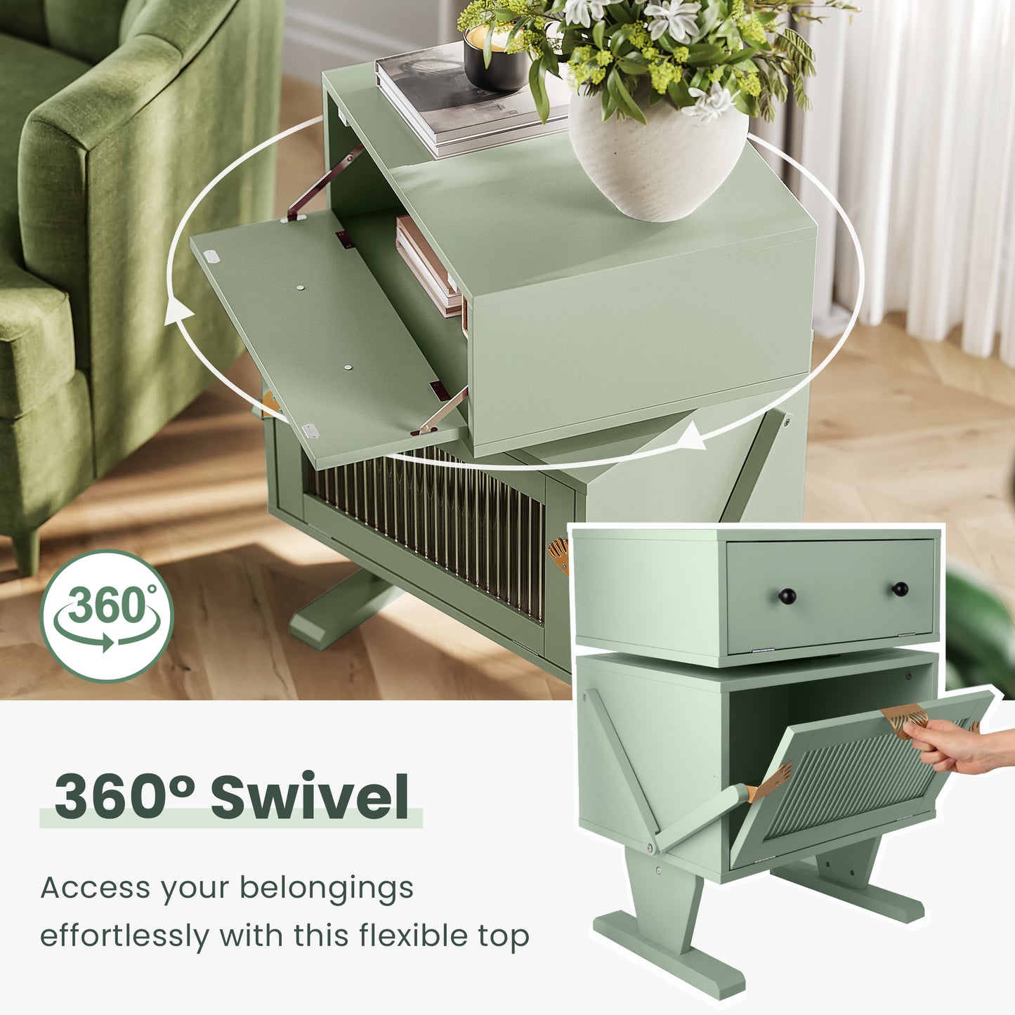 Royalcraft Nightstand with LED Light Strips, Modern Bedside Table with 360¡ã Rotating Drawer, Creative End Table with Storage, Wood Night Stand Cabinet for Living Room, Bedroom, Nursery, Green
