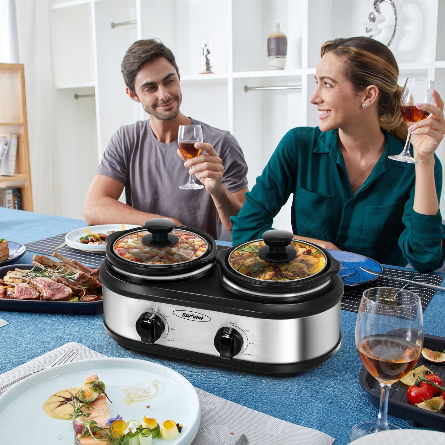 Triple Slow Cooker with 3 Spoons, 3 Pot 1.5 Quart Oval Crock Food Warmer Buffet Server, Stainless Steel