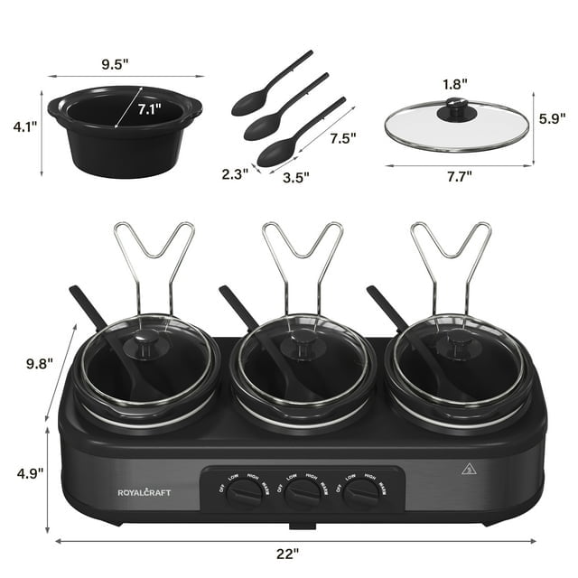 Triple Slow Cooker with 3 Spoons, 3 Pot 1.5 Quart Oval Crock Food Warmer Buffet Server, Stainless Steel