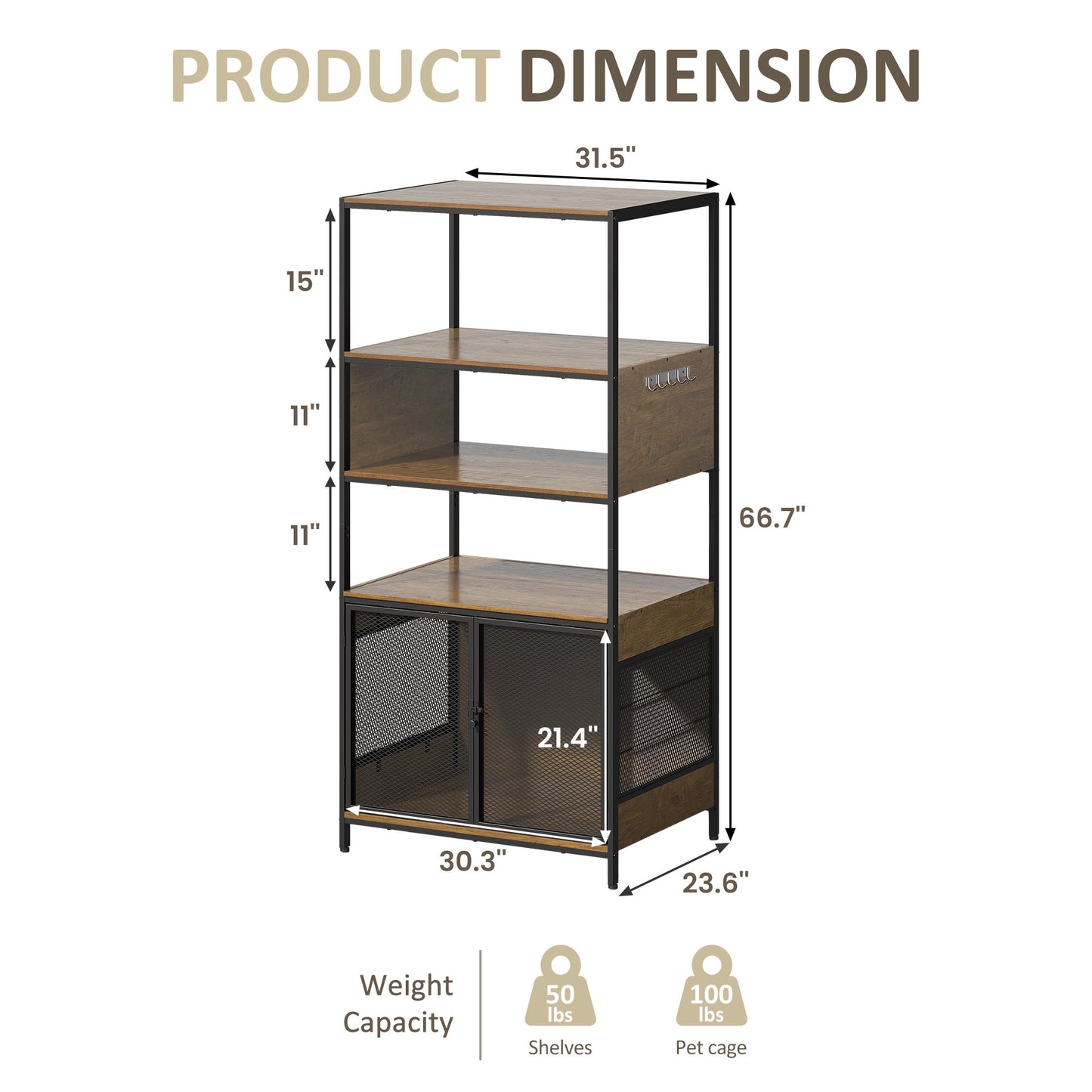 Dog Crate Furniture with Display Shelf, Decorative Dog Crate Industrial Bookshelf with Kennel, Furniture Style Dog Crate for Medium Dog, Cat Litter Box Furniture, Brown