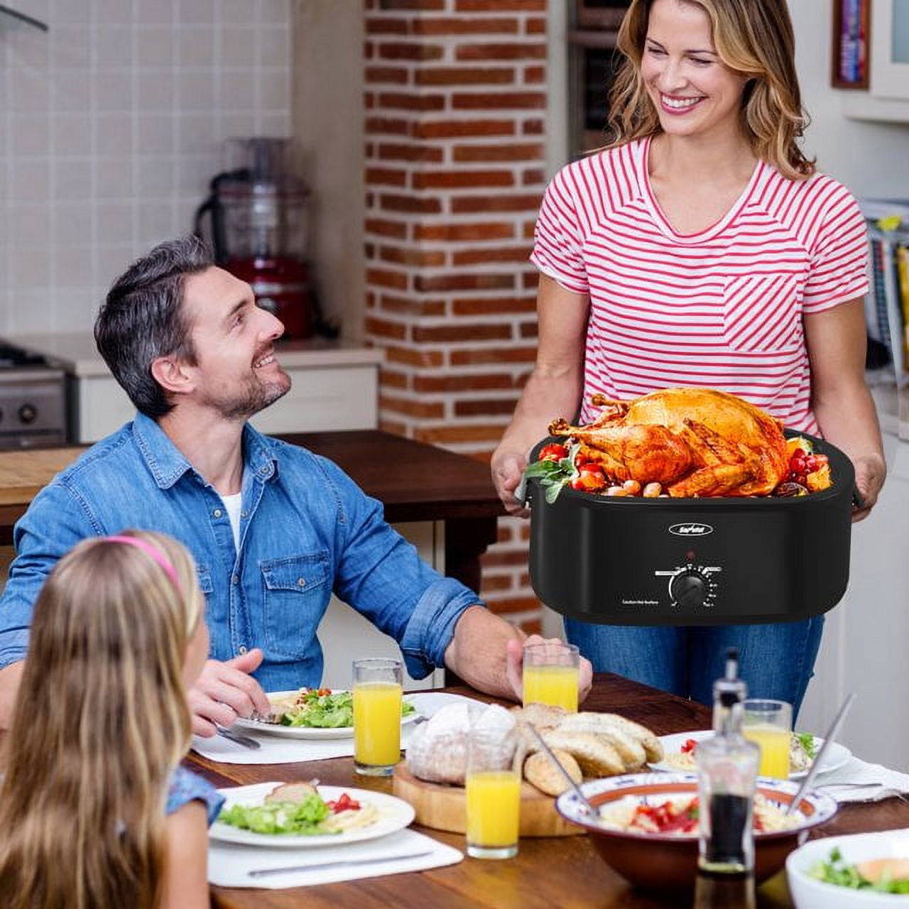 Sunvivi 22 Quart Electric Turkey Roaster Oven with Visible Glass Lid,Removable Pan & Rack, Stainless Steel,White