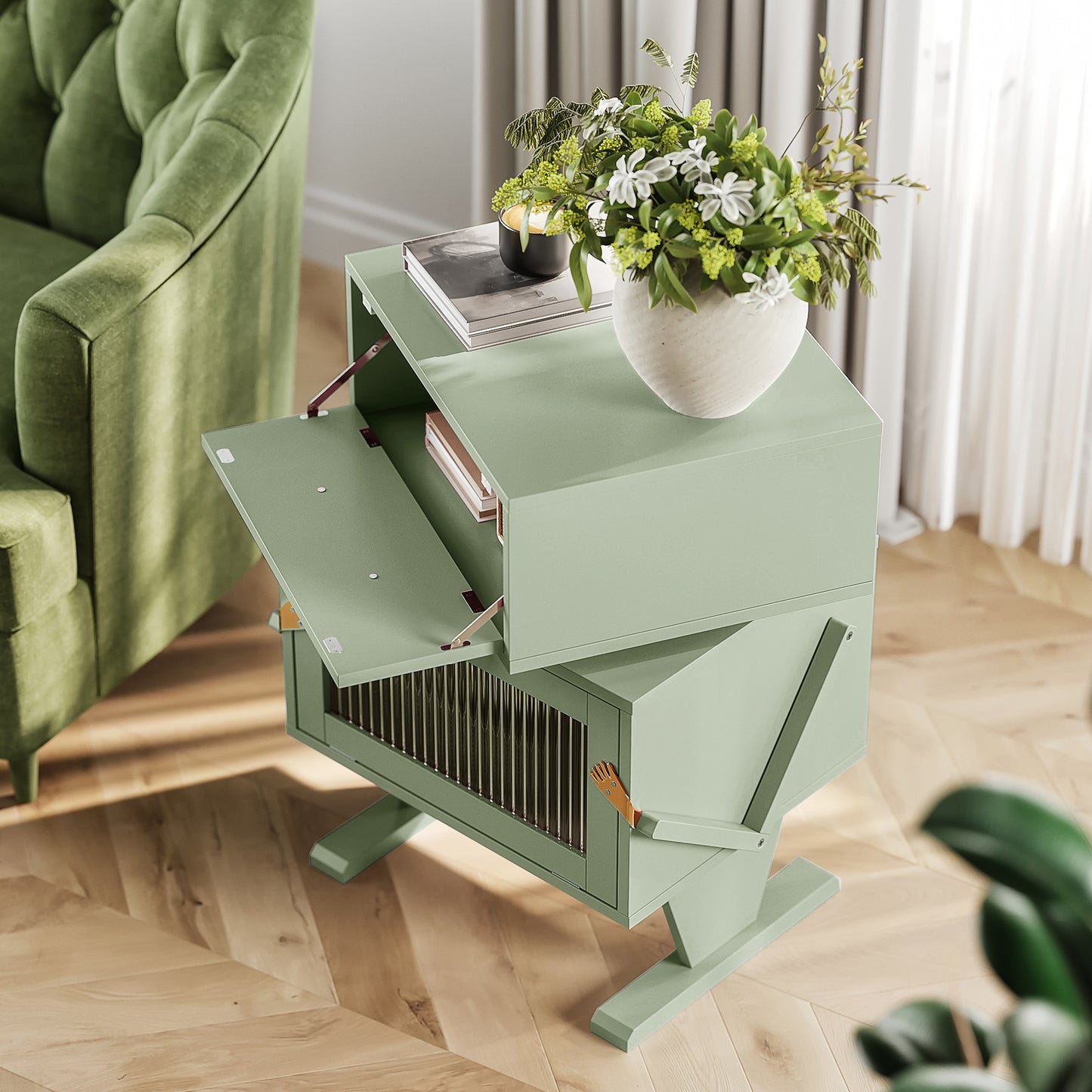 Royalcraft Nightstand with LED Light Strips, Modern Bedside Table with 360¡ã Rotating Drawer, Creative End Table with Storage, Wood Night Stand Cabinet for Living Room, Bedroom, Nursery, Green