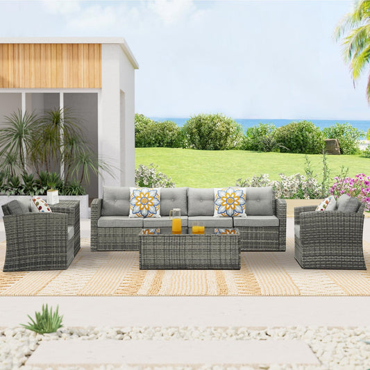 Royalcraft Patio Furniture Set,6 Pieces Outdoor Brown Wicker Patio Furniture Sets with Ottoman,Outdoor Sectional Furniture Patio Couch Set with Beige Anti-Slip Cushion