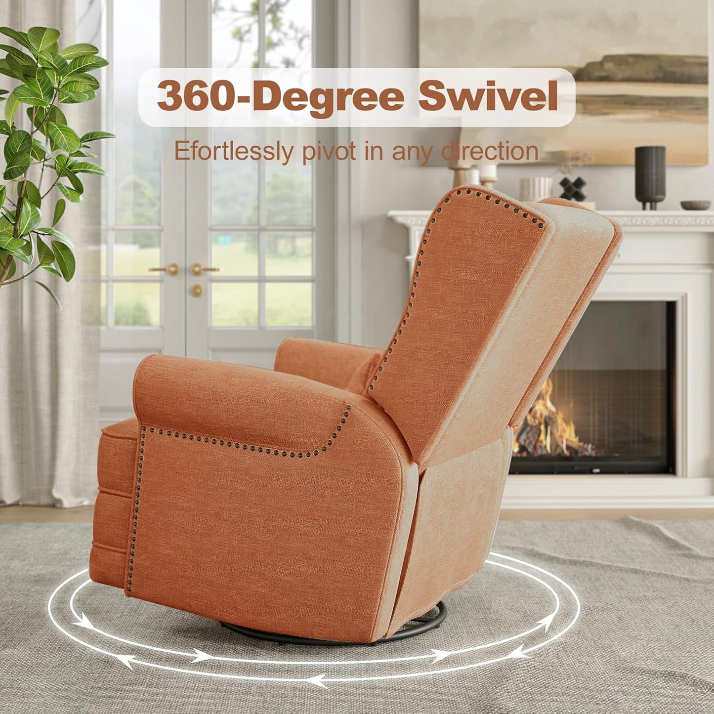 CozyHome Swivel Recliner Chair, Comfy Glider Rocking Chairs with Lumbar Pillow and Footrest, Upholstered Swivel Rocking Chair for Bedroom,Nursery, Orange