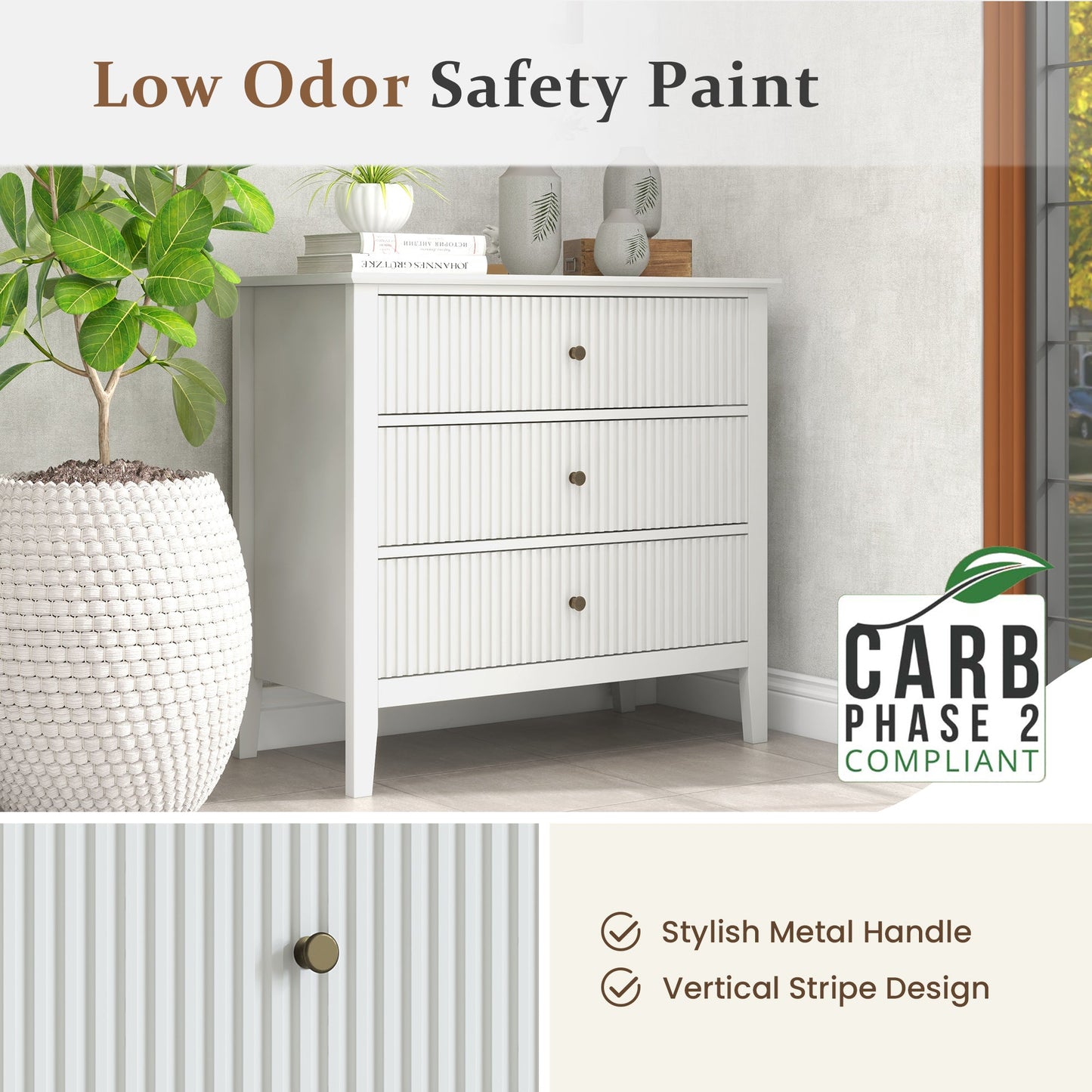 Royalcraft Large Dresser for Bedroom, Modern 3 Drawer Dresser with Silent Slide Drawers, White Chest of Drawers, Wooden Storage Closet Organizer, Small Dresser for Living Room, Nursery, Hallway