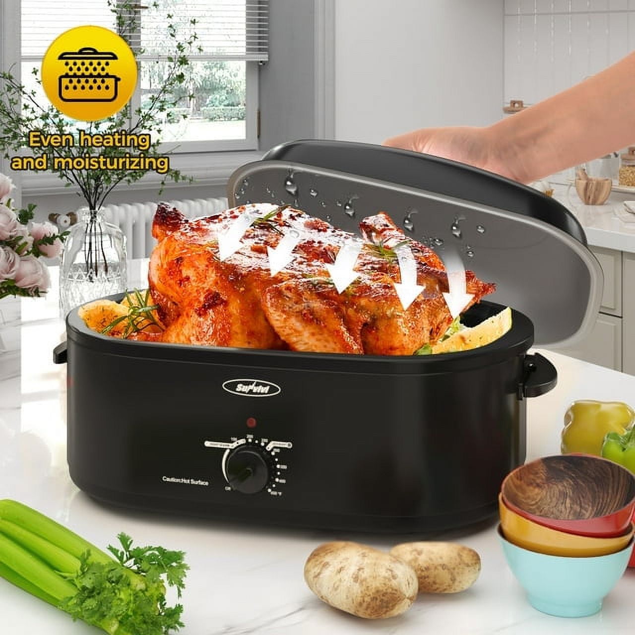 Sunvivi 22 Quart Electric Turkey Roaster Oven with Visible Glass Lid,Removable Pan & Rack, Stainless Steel,White
