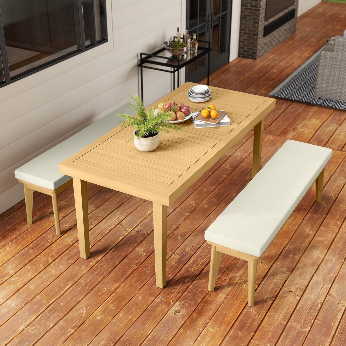 Heynemo Acacia 3 Pieces Patio Dining Set with Dining Table and Bench, All-Weather Wood Bench with Cushions, Modern Outdoor Dining Furniture Set for Lawn, Backyard, Garden, Deck, Beige