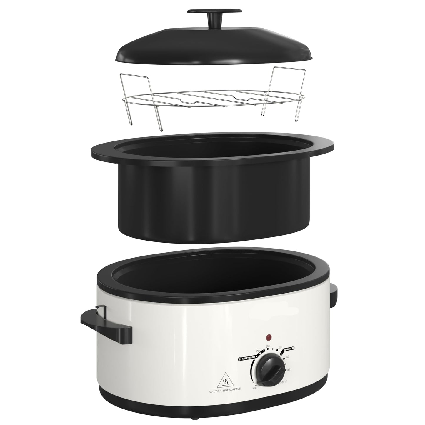 Superjoe 8 QT Electric Roaster Oven with Self-Basting Lid, Turkey Roaster Oven with Defrost Warm Function, Removable Pan and Rack, Stainless Steel White