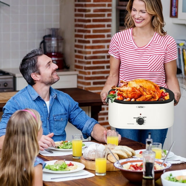 Sunvivi 22 Quart Electric Turkey Roaster Oven with Visible Glass Lid,Removable Pan & Rack, Stainless Steel,White