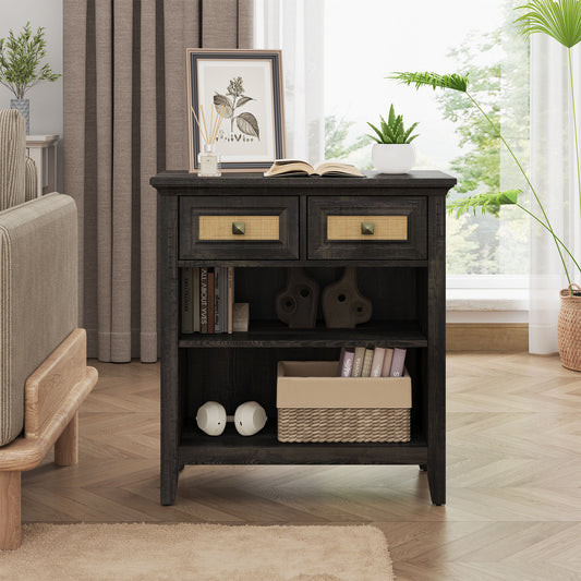 Rattan Storage Cabinets, Accent Boho Storage Cabinet with 2 Drawers and 2 Shelves, Multipurpose Modern Storage Cabinet for Living Room, Entryway, Front Hall, Hallway