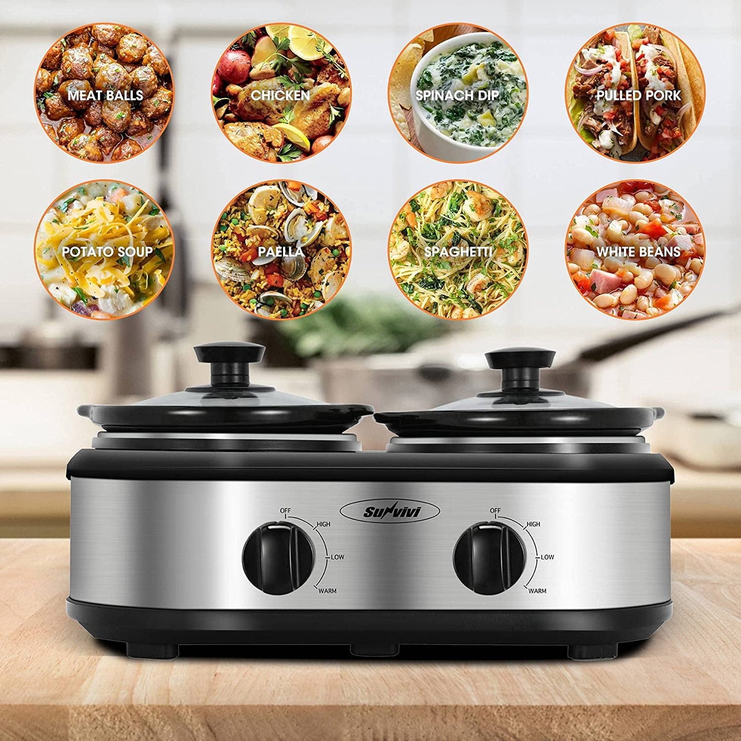 Triple Slow Cooker with 3 Spoons, 3 Pot 1.5 Quart Oval Crock Food Warmer Buffet Server, Stainless Steel